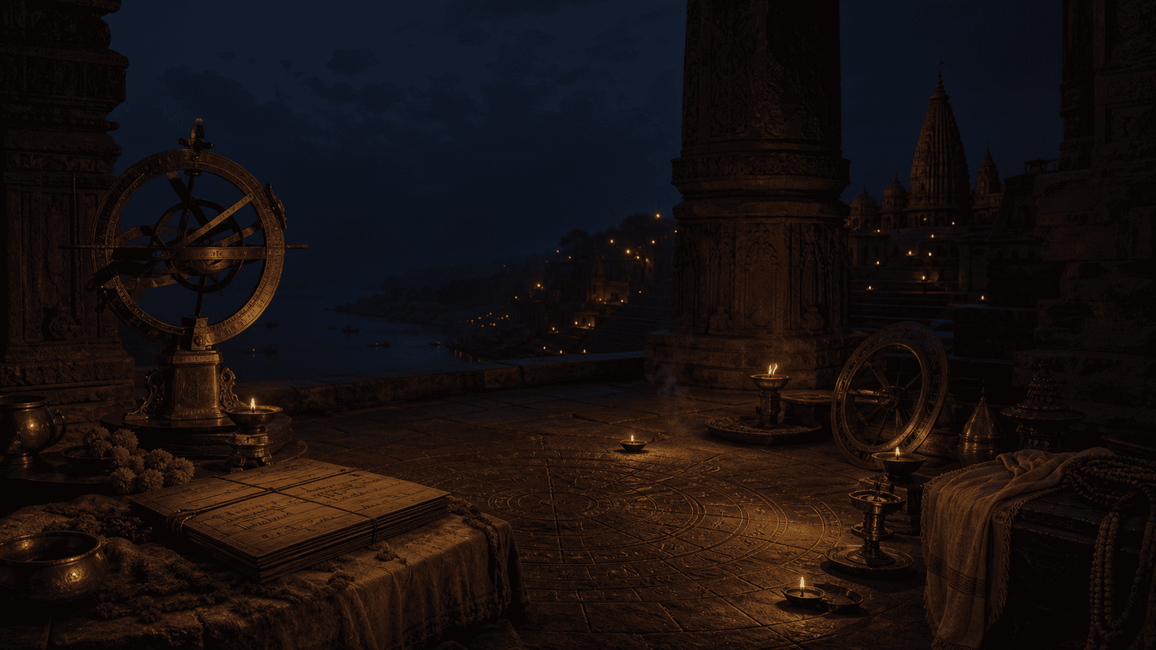 Ancient Vedic temple setting at sunrise